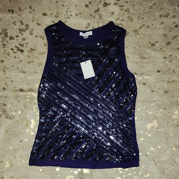 Calvin Klein Blue Sequin Fitted Tank Top - Picture 1 of 5